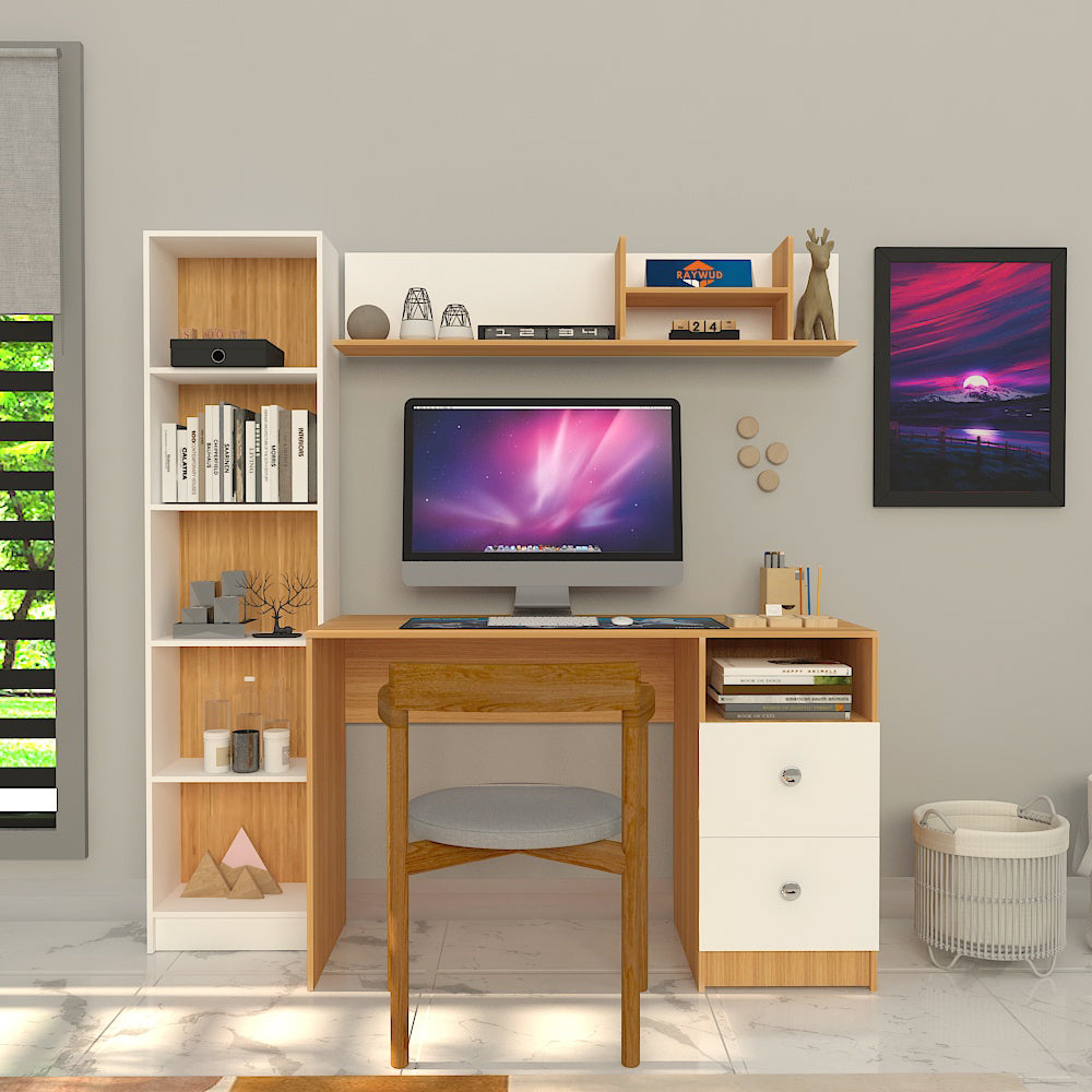 Modern Ensemble Engineered Wood Study Table with Bookshelf- Elegant Teak and White