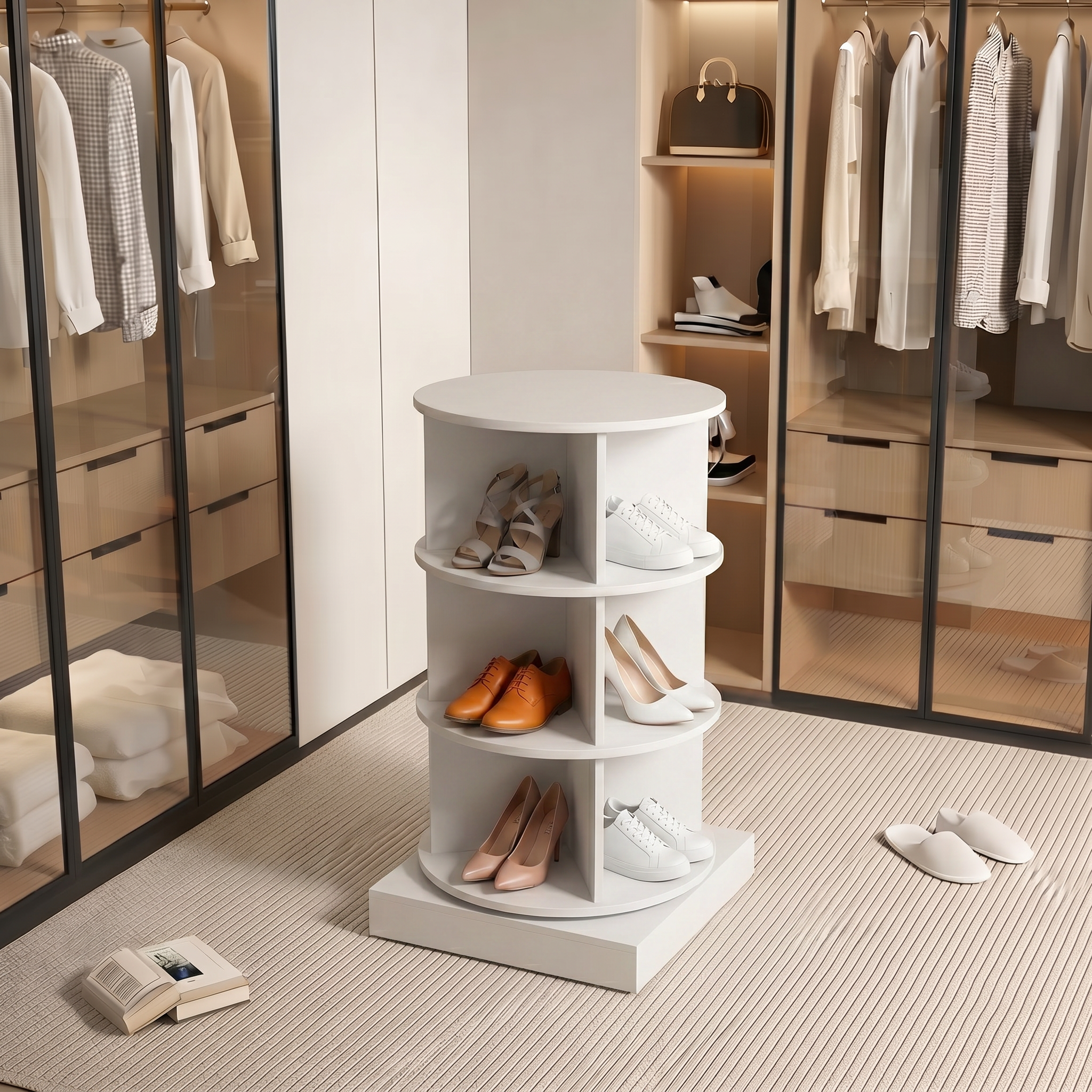 SpinPro™ 360° 3 Tiers Rotating Shoe Rack with Wide Base - White
