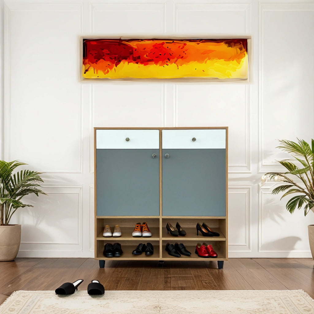 Teak Harmony Shoe Rack ( Elegant Teak, Gothic Grey & White )