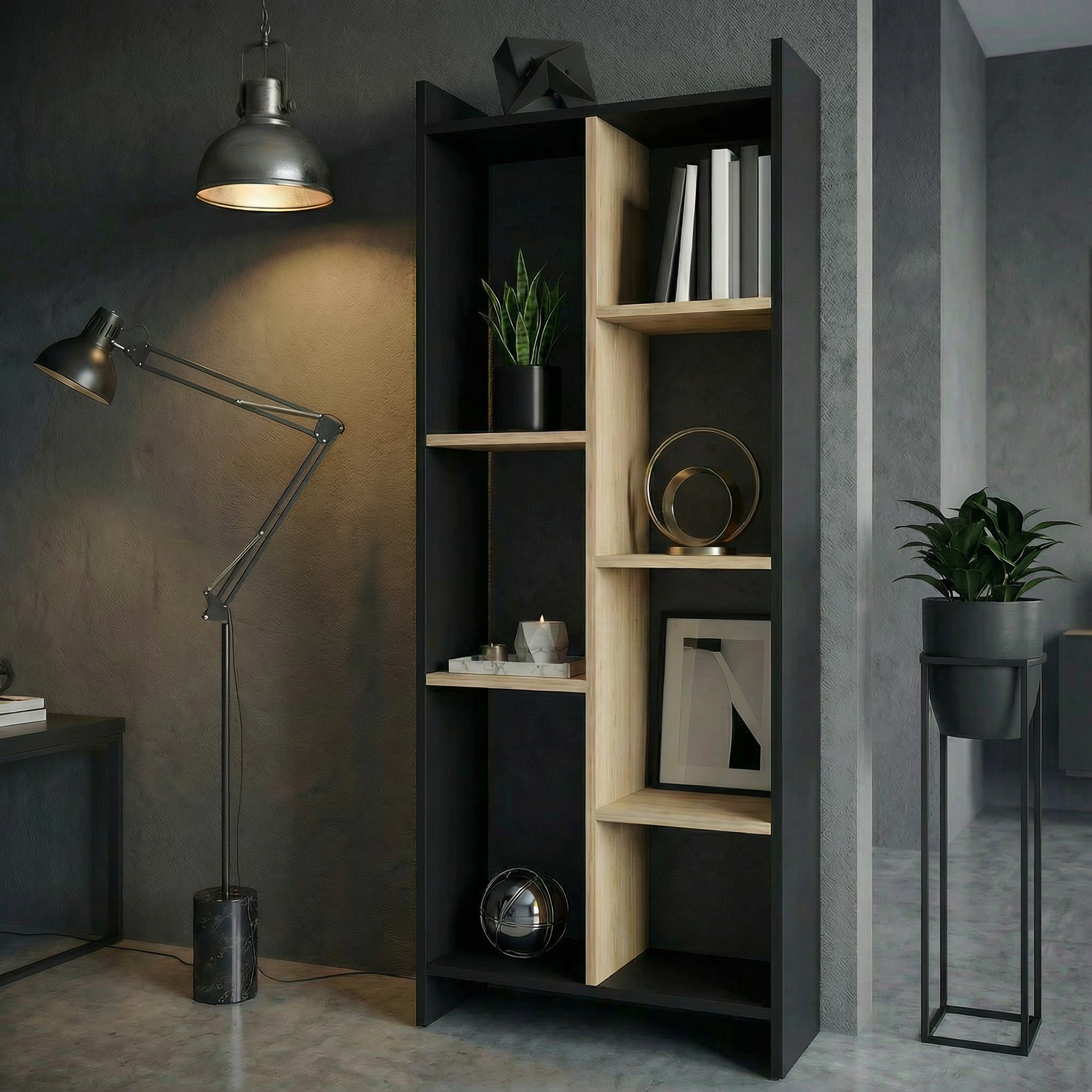 Skyline 6 Tier Bookcase (Black & Gold Oak)