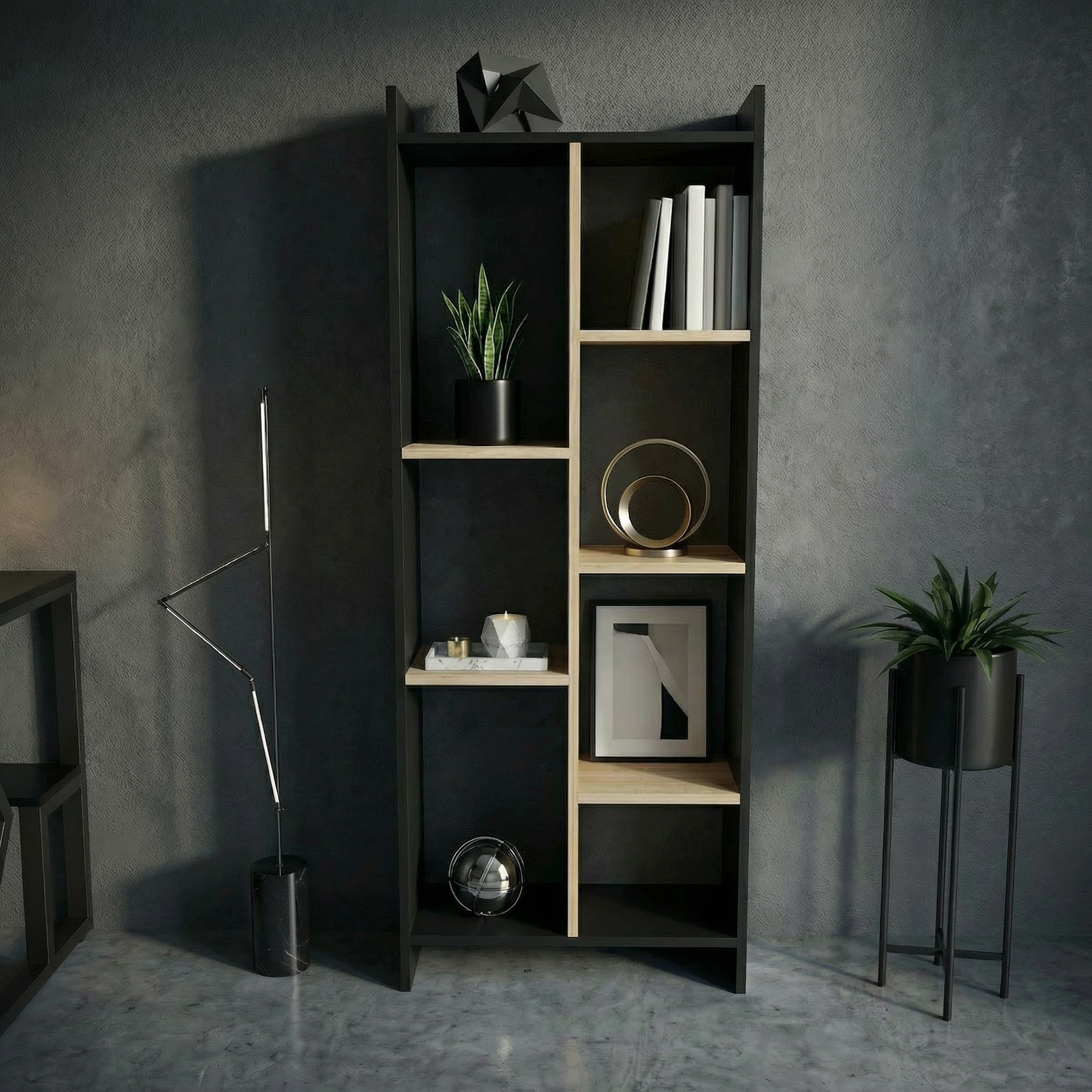 Skyline 6 Tier Bookcase (Black & Gold Oak)