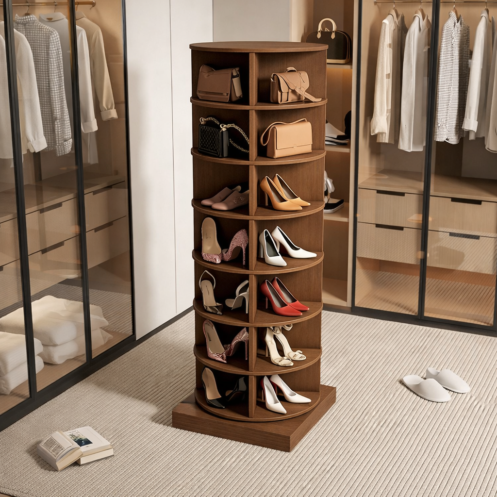 SpinPro™ 360° Rotating Shoe Rack with Wide Base - Exotic Teak
