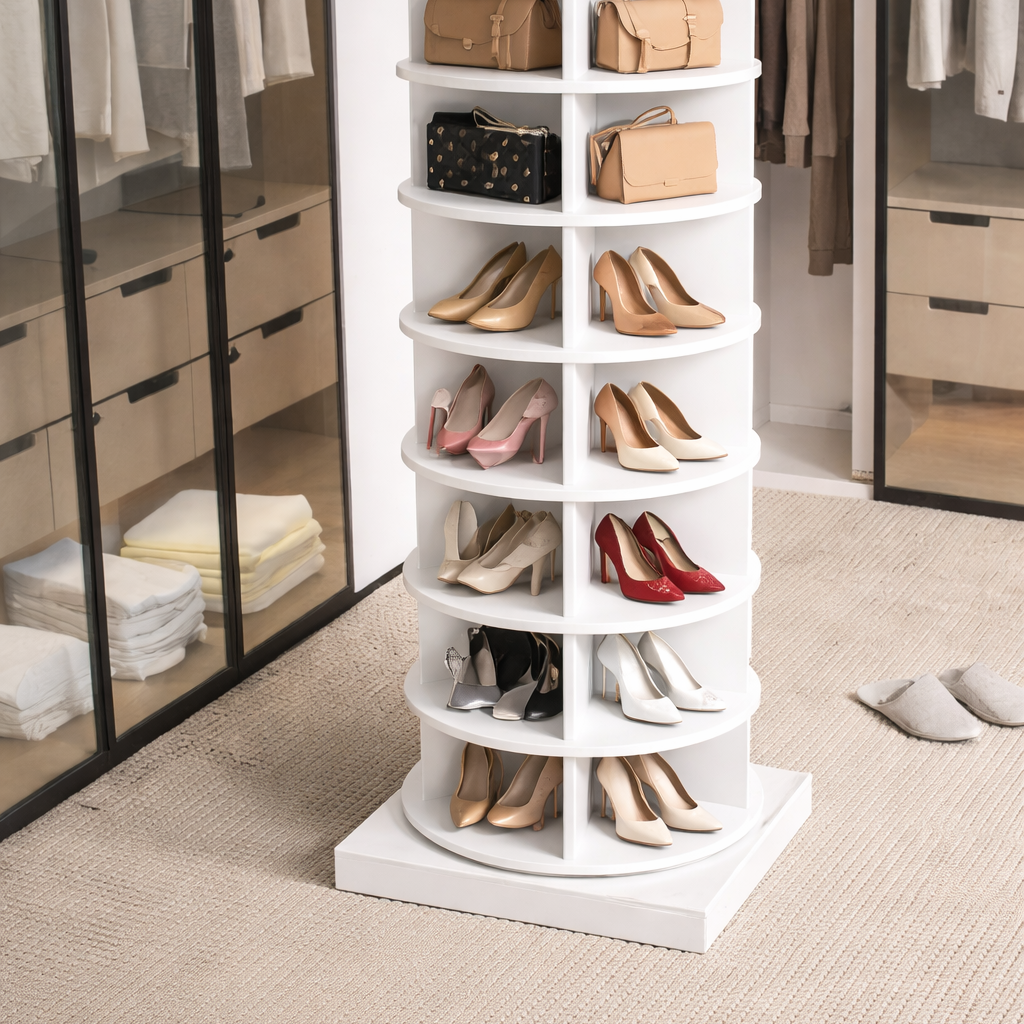 SpinPro™ 360° 7 Tiers Rotating Shoe Rack with Wide Base - White