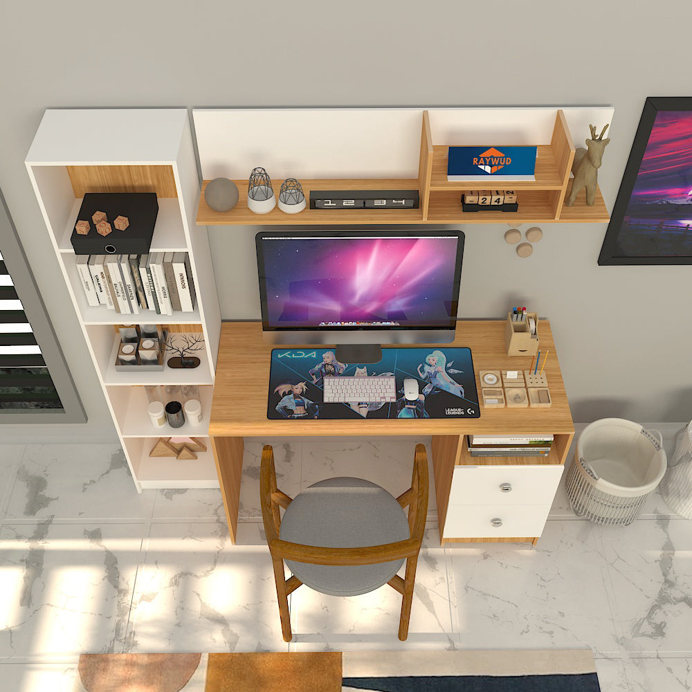 Modern Ensemble Engineered Wood Study Table with Bookshelf- Elegant Teak and White