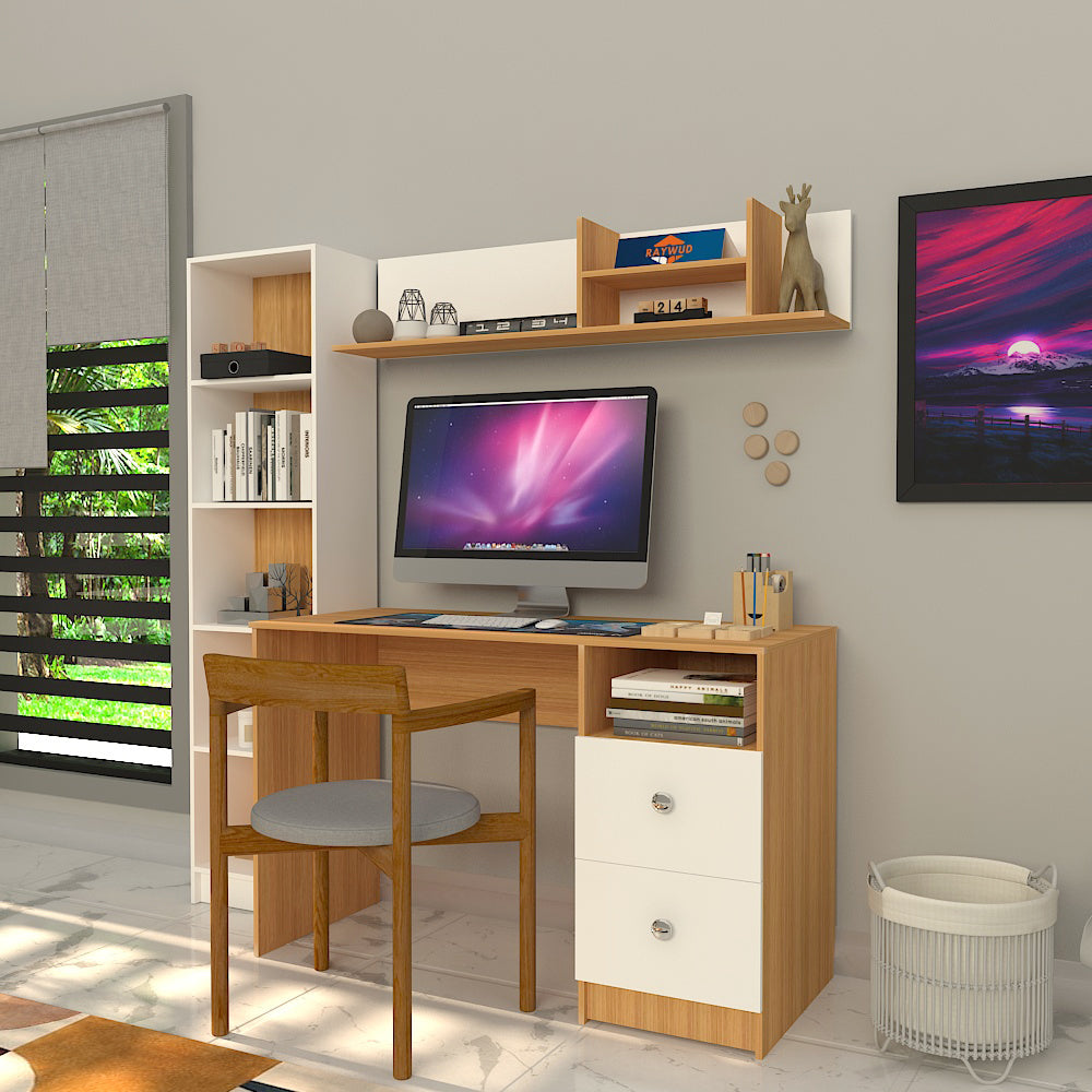 Modern Ensemble Engineered Wood Study Table with Bookshelf- Elegant Teak and White