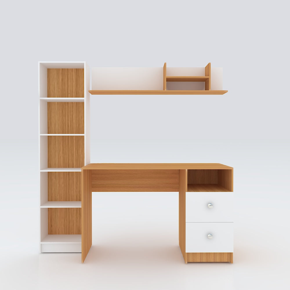 Modern Ensemble Engineered Wood Study Table with Bookshelf- Elegant Teak and White