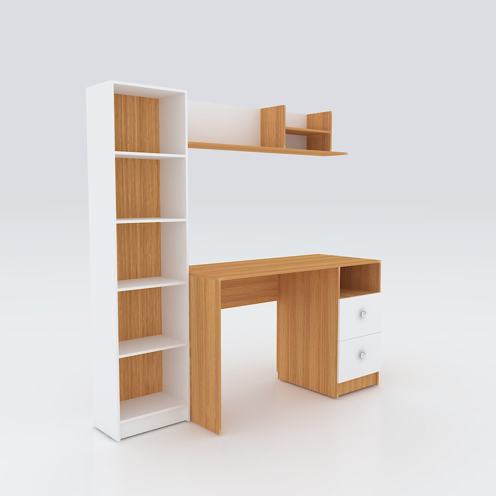 Modern Ensemble Engineered Wood Study Table with Bookshelf- Elegant Teak and White