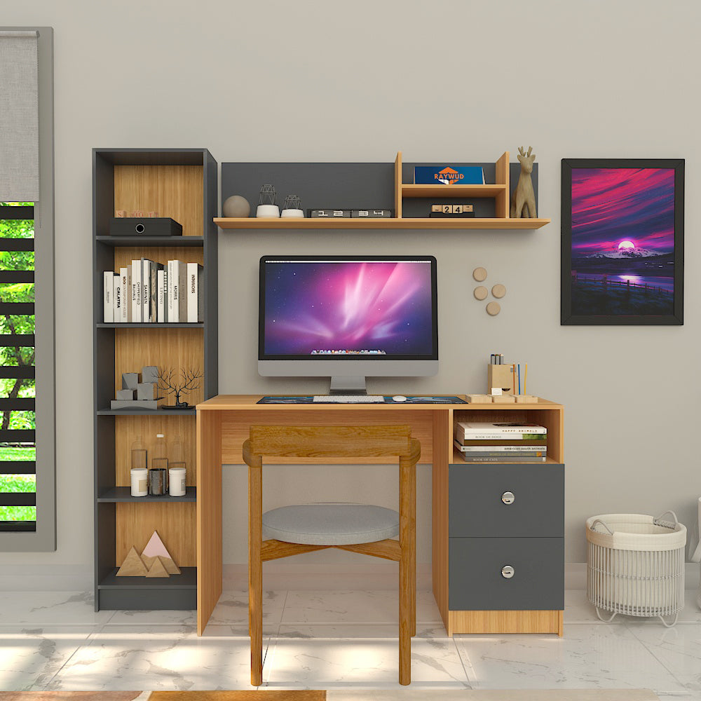 Modern Ensemble Engineered Wood Study Table with Bookshelf- Elegant Teak and Gray