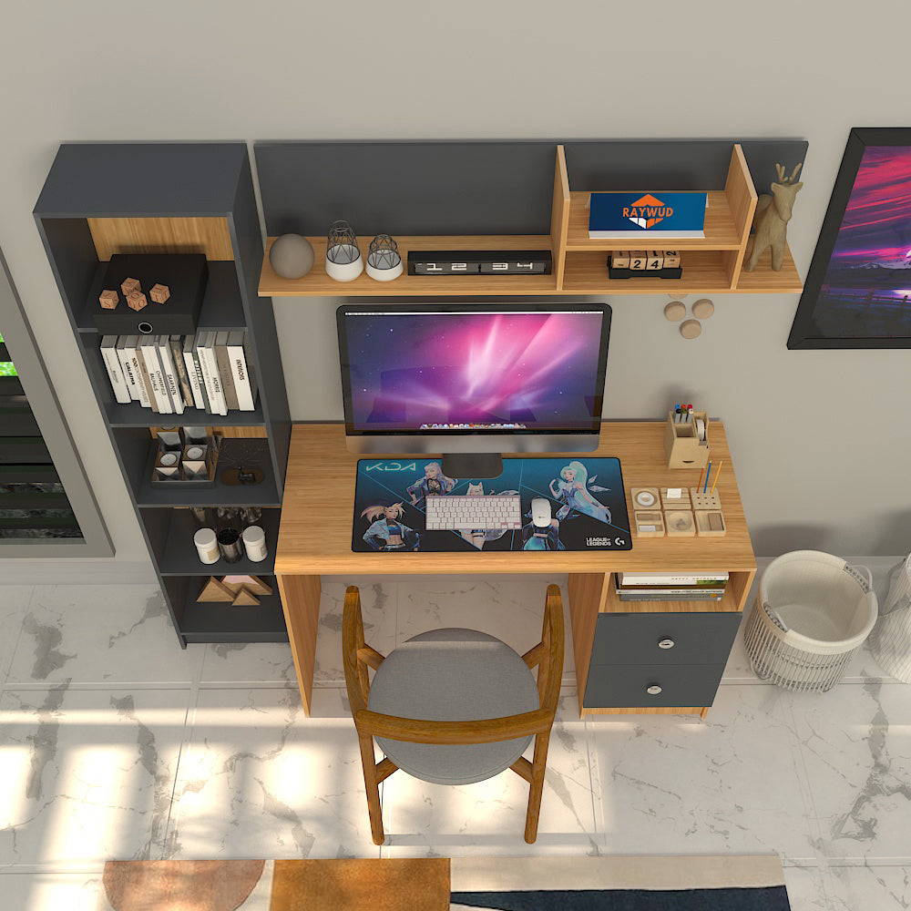 Modern Ensemble Engineered Wood Study Table with Bookshelf- Elegant Teak and Gray