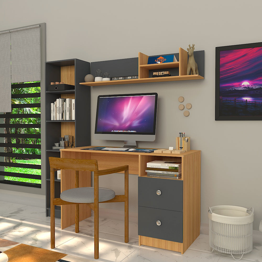 Modern Ensemble Engineered Wood Study Table with Bookshelf- Elegant Teak and Gray