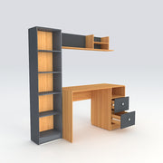 Modern Ensemble Engineered Wood Study Table with Bookshelf- Elegant Teak and Gray