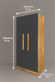 Black wardrobe with wooden accents and dimensions labeled on a gray background