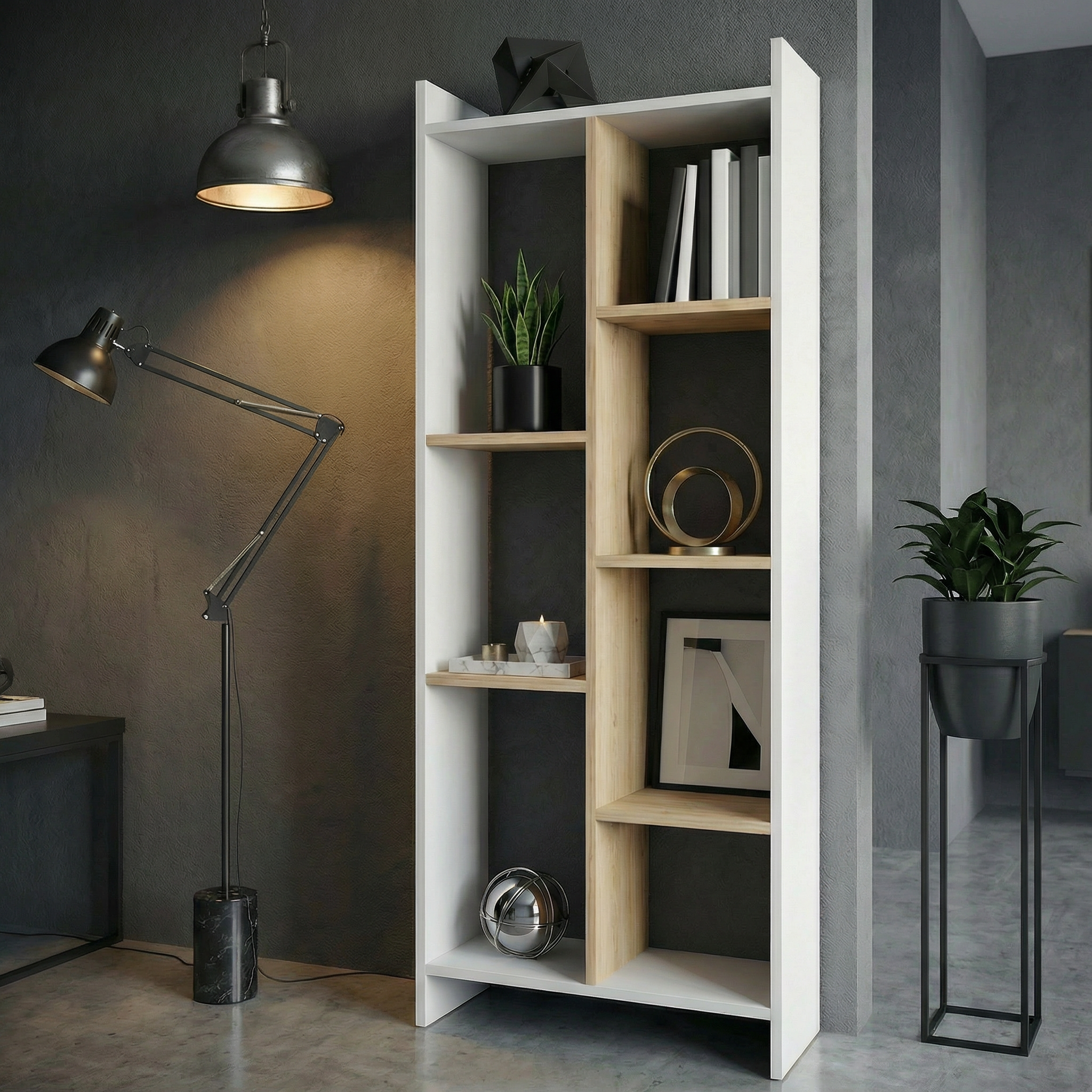 Skyline 6 Tier Bookcase (White & Gold Oak)